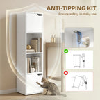 White narrow bookshelf cabinet with anti-tipping kit bracket and open shelving