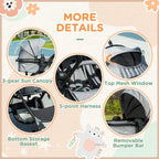 Grey baby stroller with sun canopy, five-point harness, and mesh window