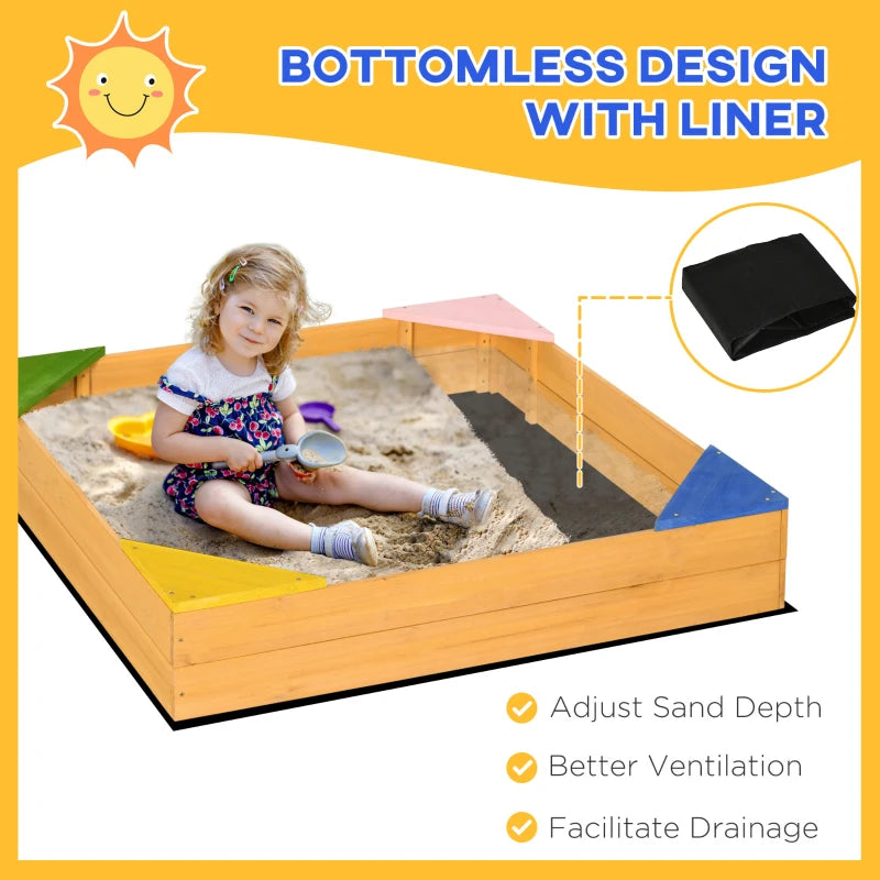 Kids wooden sand pit with beige liner, child playing, four corner seats, pink cover