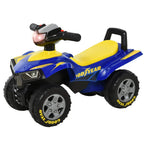 Blue and yellow Goodyear ride-on quad bike with yellow seat, front lights, horn button
