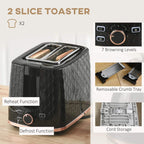Black 2-slice toaster with browning dial, and removable crumb tray