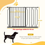 Black pet safety gate shown with height and width measurement diagram