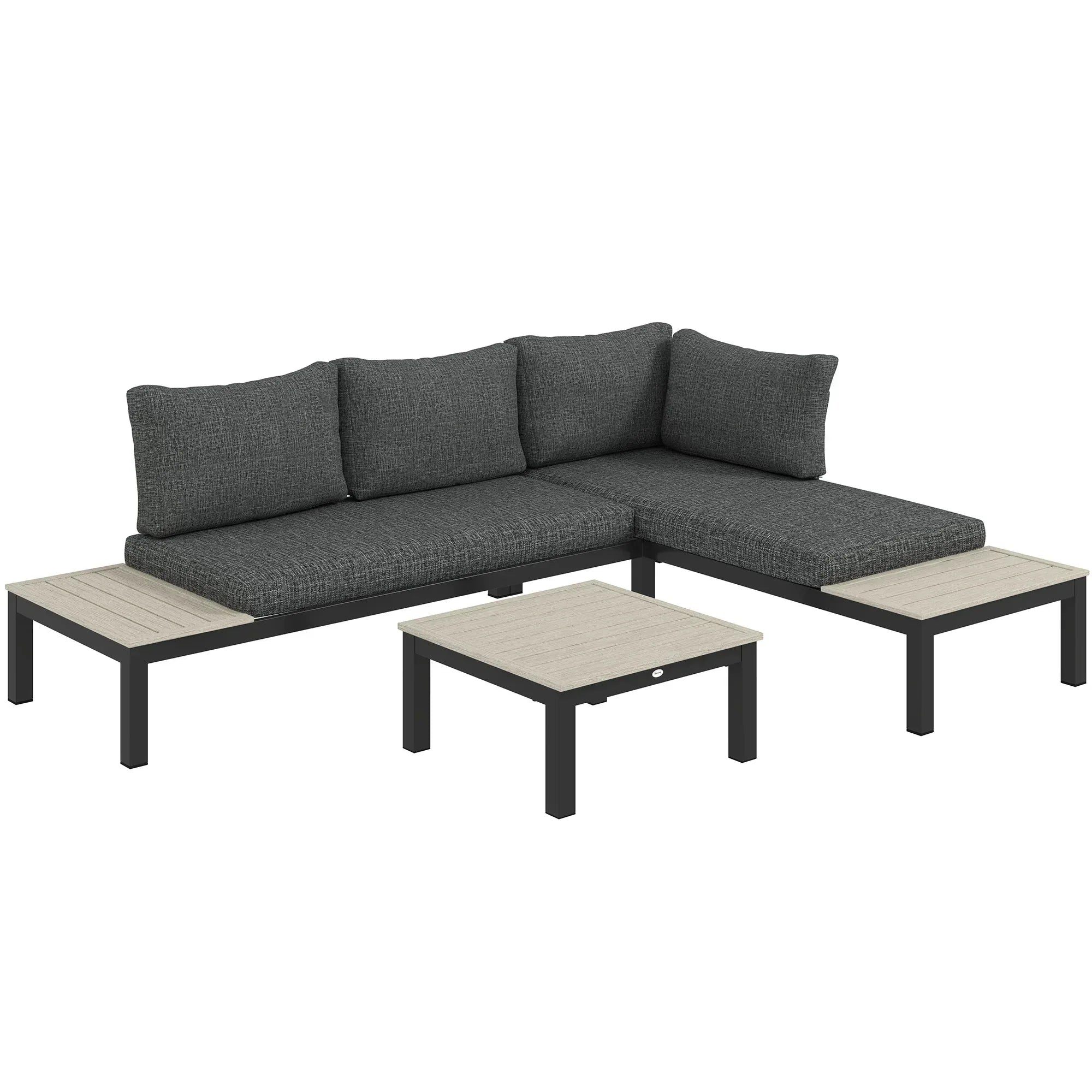 3 Pieces Garden Furniture Set, Aluminium 4 Seater Corner Sofa Set with 2 Loveseats, Coffee Table and Side Trays, Outdoor Conversation Furniture with Cushions for Garden, Dark Grey - Bobobiy