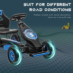 Kids pedal go kart with rubber wheels, blue wheel rims, and black padded seat