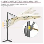 Cream cantilever parasol with adjustable tilt angles and crank control
