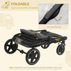 Grey foldable pet stroller with rain cover, one-click folded frame and wheels