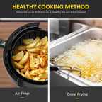 Air fryer showing basket with chips and a heating element inside the cooking chamber