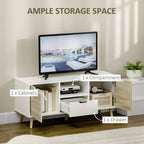 TV stand cabinet with two storage cabinets and one drawer, natural wood-effect finish.