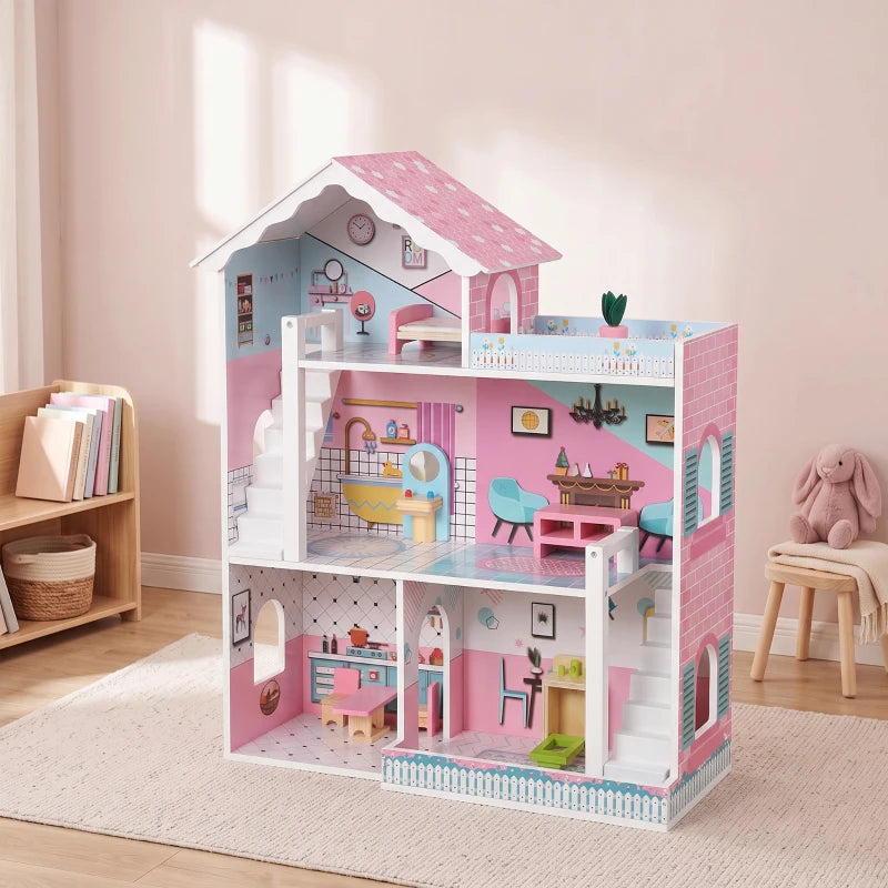 Pink wooden 3-storey dollhouse, front three-quarter view with open interior levels