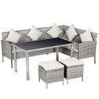 6-seater rattan outdoor dining set with beige cushions, glass-top table and two ottomans