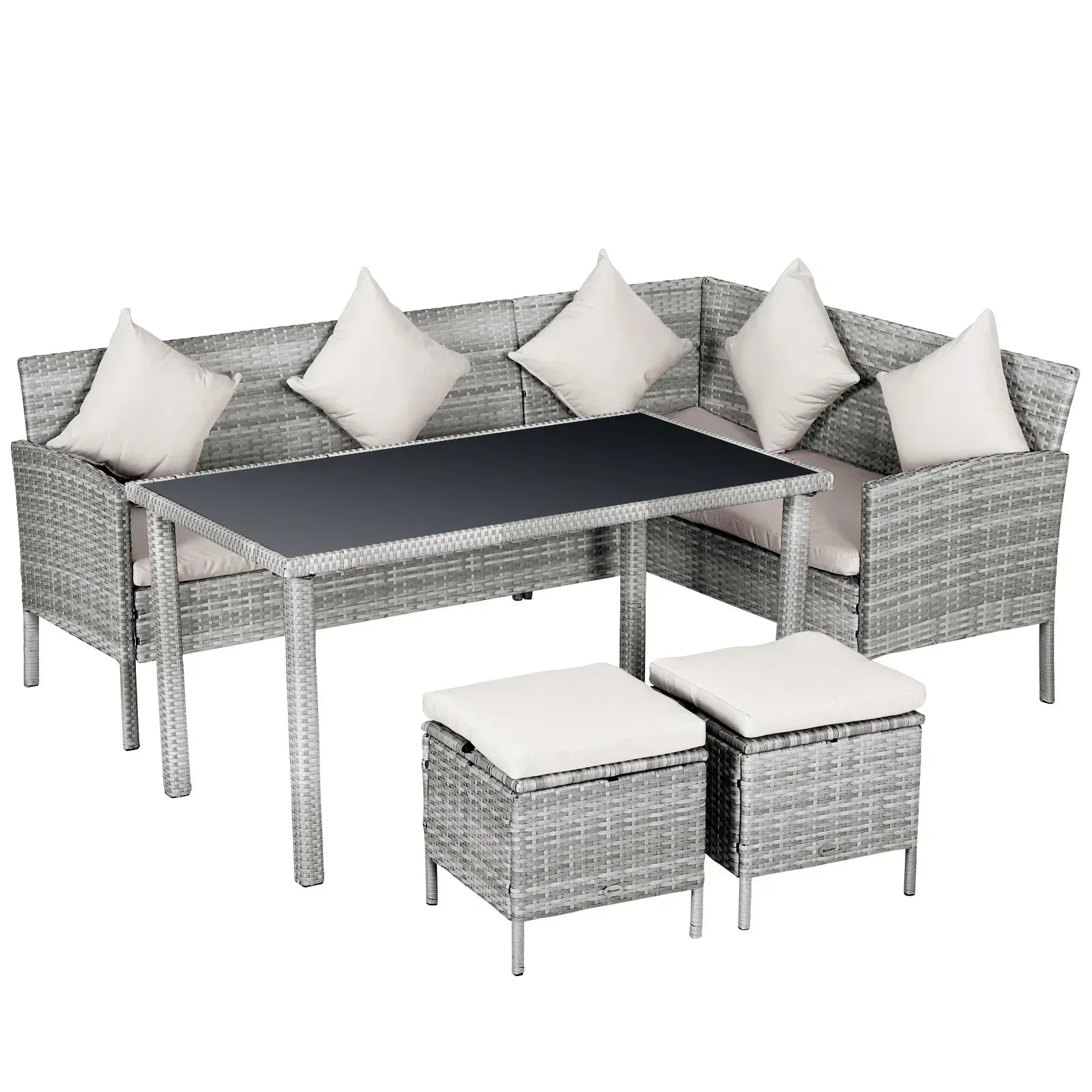 6-Seater Rattan Dining Set Sofa Table Footstool Outdoor w/ Cushion Garden Furniture - Bobobiy