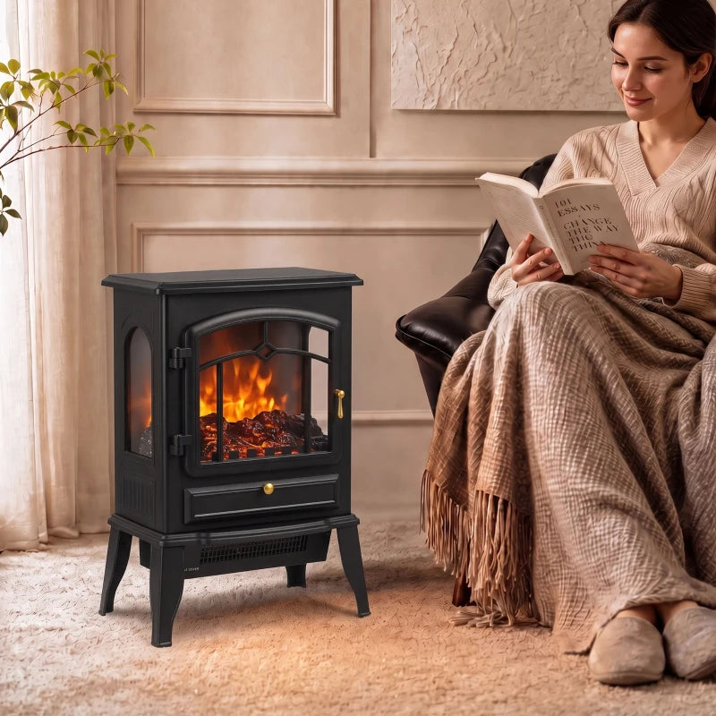 Black electric fireplace stove with front glass flame window and brass center door knob