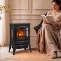 Black electric fireplace stove with front glass flame window and brass center door knob