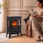Black electric fireplace stove with front glass flame window and brass center door knob