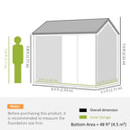 Grey metal garden shed size diagram showing overall and inner storage dimensions.