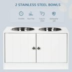 White raised pet feeder top view with two stainless steel bowls