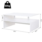 White 2-tier coffee table with open shelf and aluminum poles, square tabletop