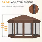 Brown hexagonal pop-up gazebo with adjustable support posts and netted side panels