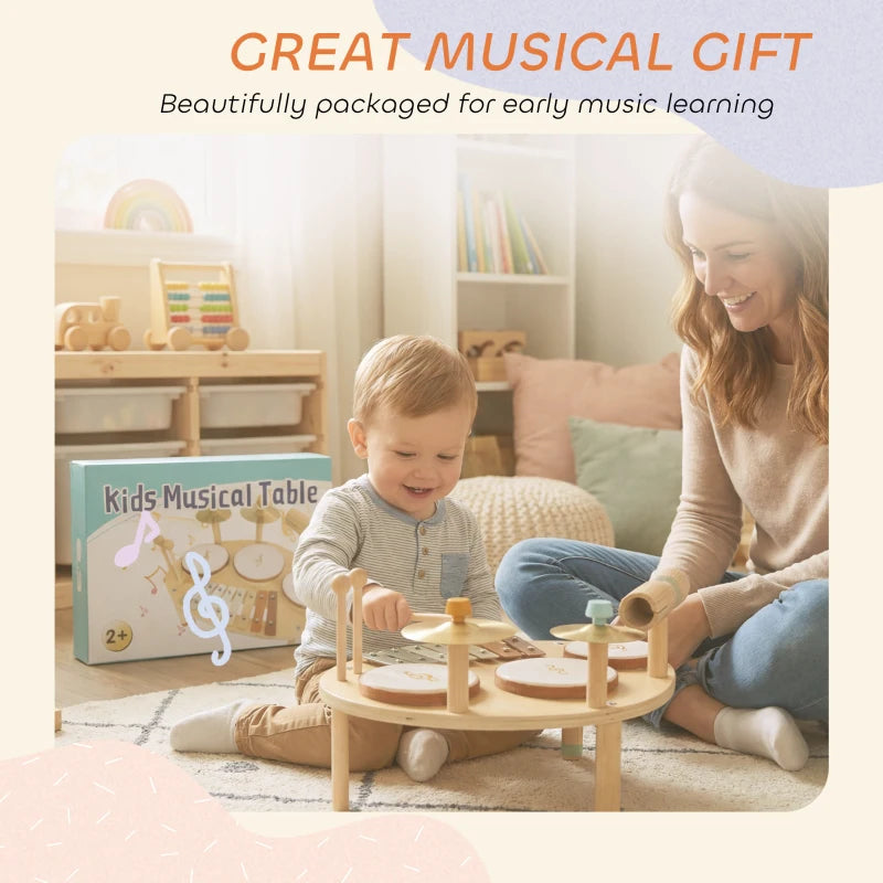 Gift-ready wooden baby drum kit with children playing on a small table
