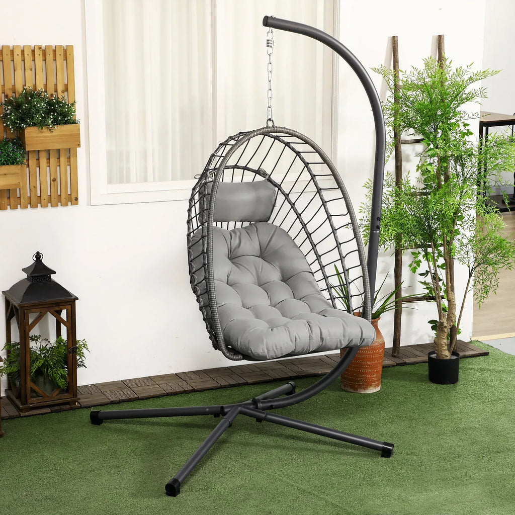 Outdoor PE Rattan Swing Chair with Foldable Basket and Cushion, Garden Patio Hanging Egg Chair with Metal Stand, Headrest for Indoor and Outdoor, Light Grey - Bobobiy