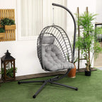 Hanging egg swing chair with dark metal stand and light grey padded cushion