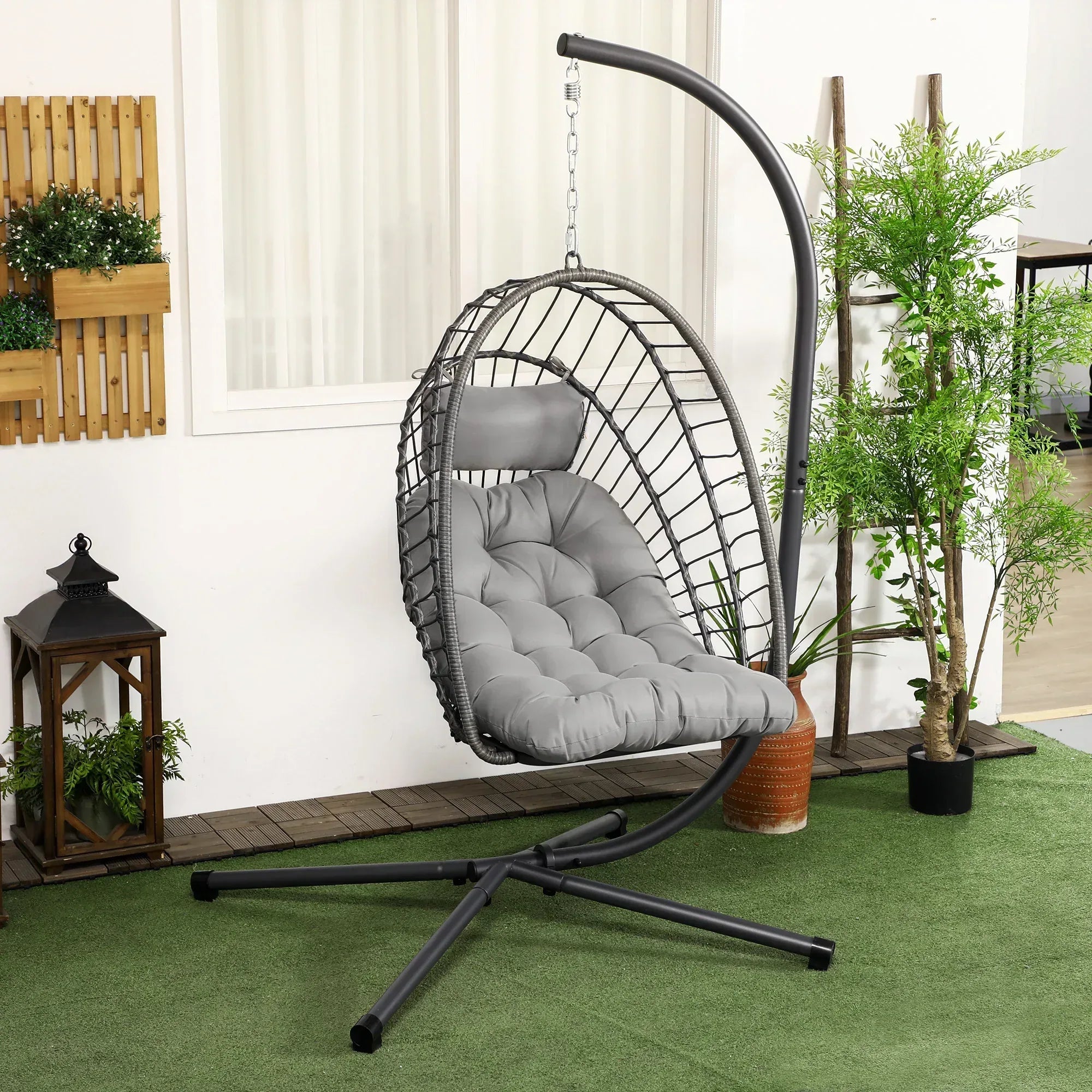 Outdoor PE Rattan Swing Chair with Foldable Basket and Cushion, Garden Patio Hanging Egg Chair with Metal Stand, Headrest for Indoor and Outdoor, Light Grey - Bobobiy