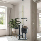 Dark grey cat tree with multi-level plush platforms, enclosed condo, and sisal scratching post