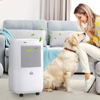 White portable dehumidifier on wheels next to a sofa and dog