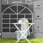 Light grey gazebo side panel with arched window grid, transparent pane, visible from inside