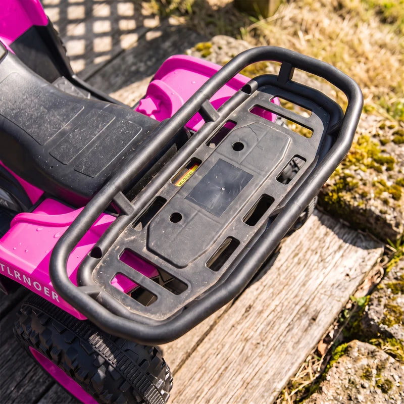 Kids electric quad bike with pink body and black rear footrest platform