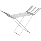 Folding electric heated laundry drying rack with silver metal frame and extendable wings