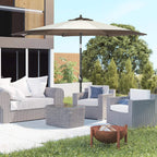 Brown and cream striped patio parasol umbrella with crank tilt pole