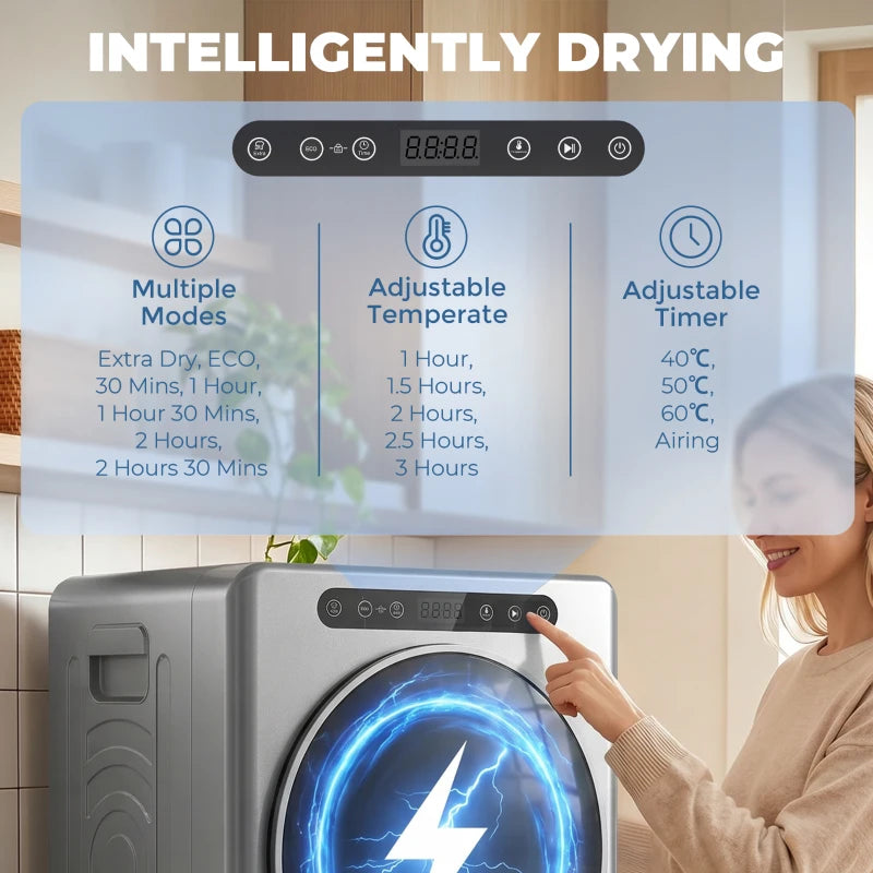 Silver compact tumble dryer with illuminated drum window and control buttons