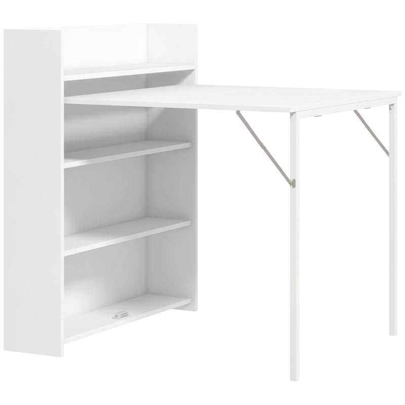 White drop-leaf folding dining table with built-in multi-tier open shelves, side view