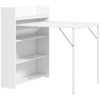 White drop-leaf folding dining table with built-in multi-tier open shelves, side view