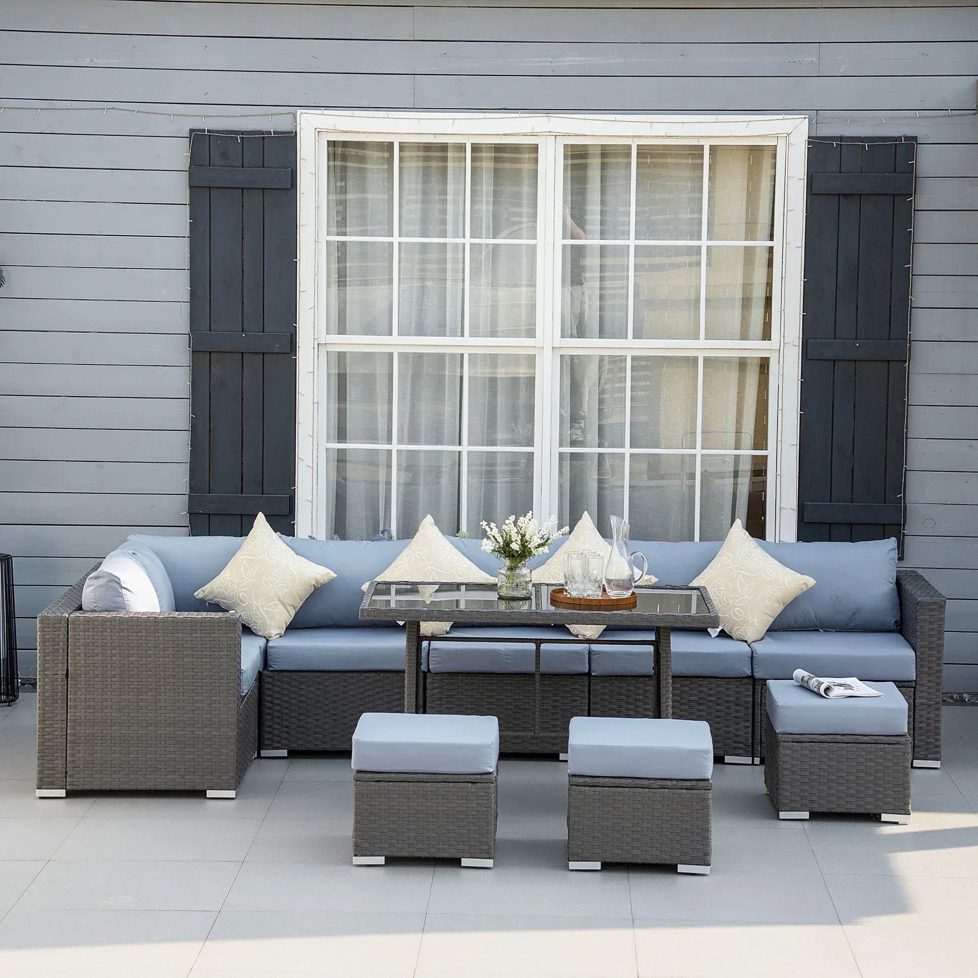 9-Seater Garden Rattan Furniture 10 Pcs Rattan Corner Dining Sofa Set, Grey/Dusty Blue Cushion - Bobobiy