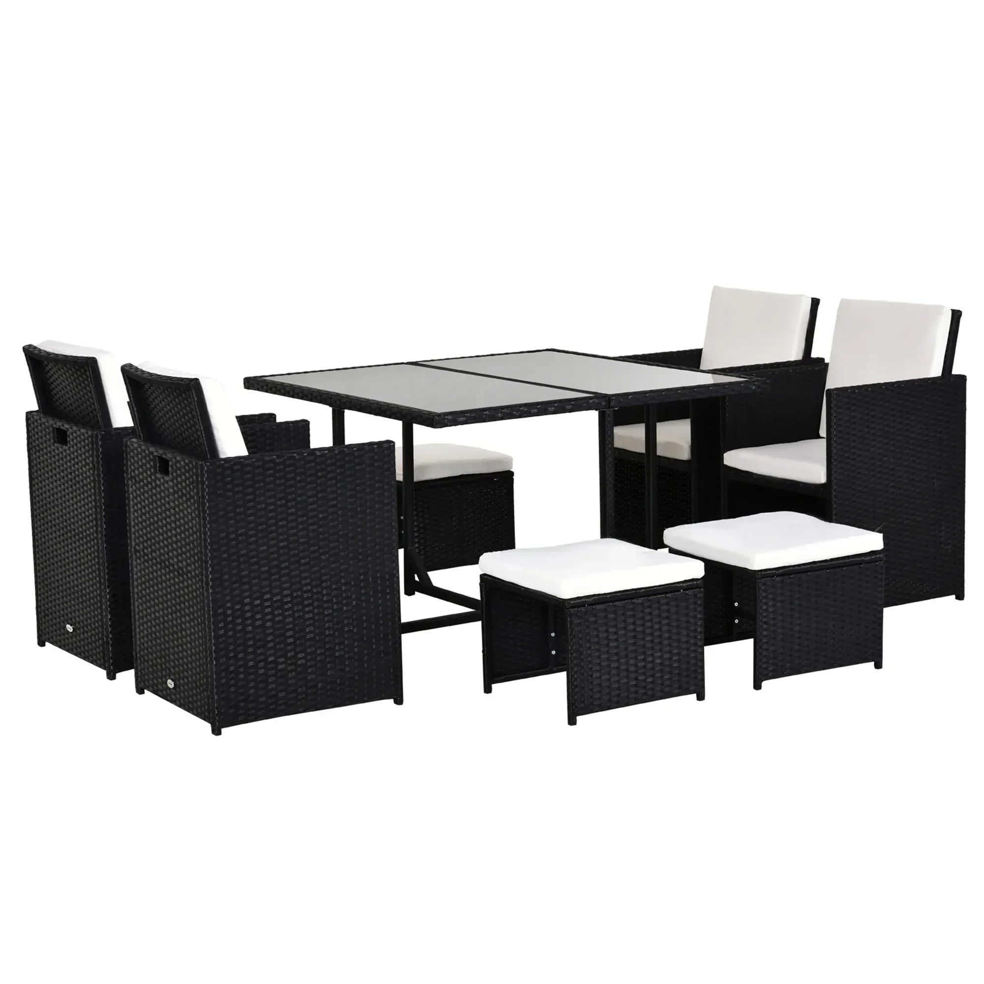 8 Seater Rattan Cube Garden Furniture Set, Rattan Dining Set with Cushions, Outdoor Dining Table and Chairs with 4 Armchairs, 4 Stools, Square Glass Top Table, Black - Bobobiy