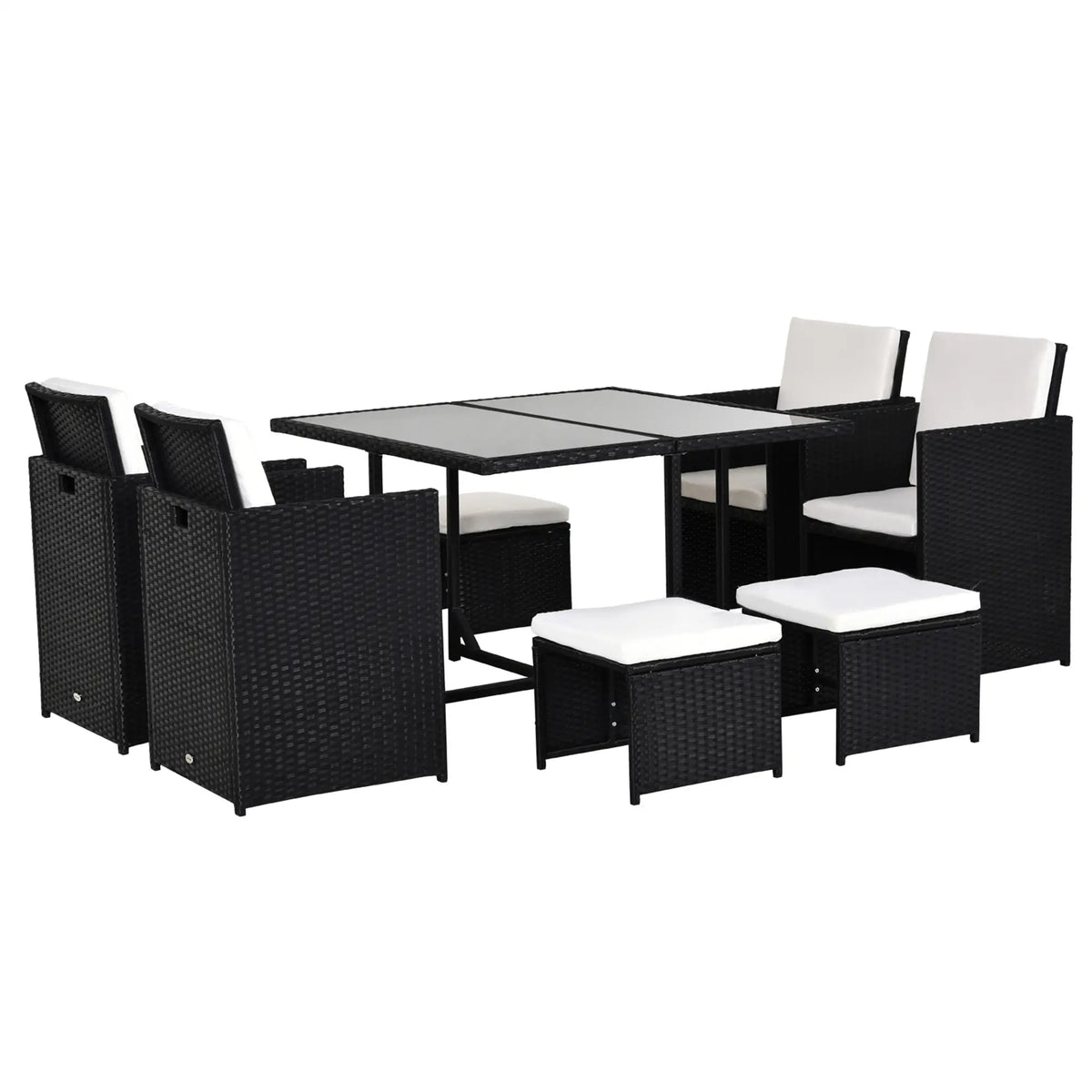 Black rattan dining set with a rectangular table, four armchairs, four stools and white cushions