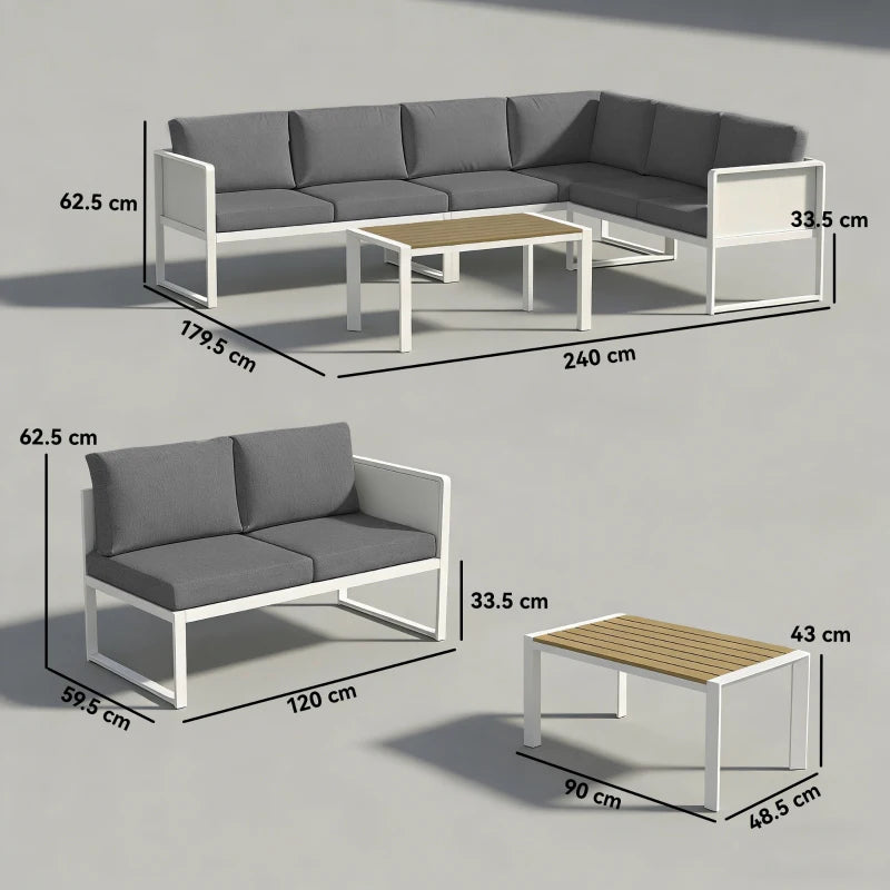 Modular corner sofa with grey cushions, white frames, and faux-wood coffee table