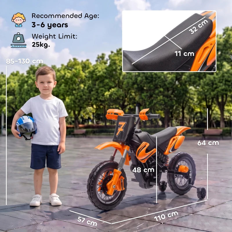 Orange kids electric motorbike with orange training wheels and thick tires