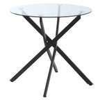 Round clear glass dining table with black crossed metal legs and X-frame base
