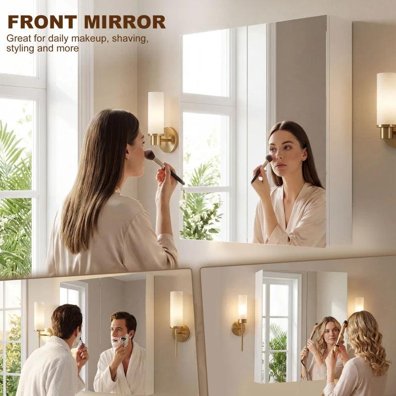 Bathroom Mirror Cabinet, 3-Tier Wall Mount Bathroom Storage Cabinet with Soft-Close Hinges and Adjustable Shelf, Double Door Cupboard, 60 x 15 x 75 cm, White