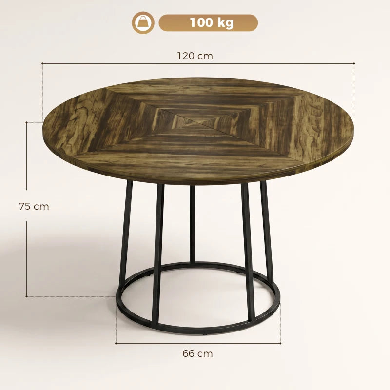 120 cm round table with rustic brown woodgrain top and black circular conical base