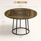120 cm round table with rustic brown woodgrain top and black circular conical base