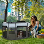 Grey foldable dog pen with side panels and mesh panels, open roof top