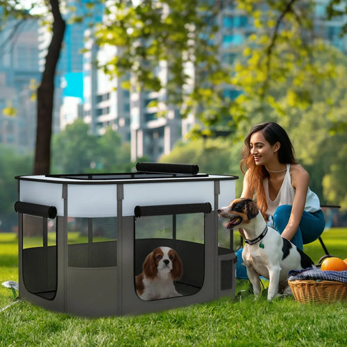 Grey foldable dog pen with side panels and mesh panels, open roof top