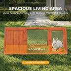 Orange wooden hutch with double doors and wire mesh enclosure for rabbits
