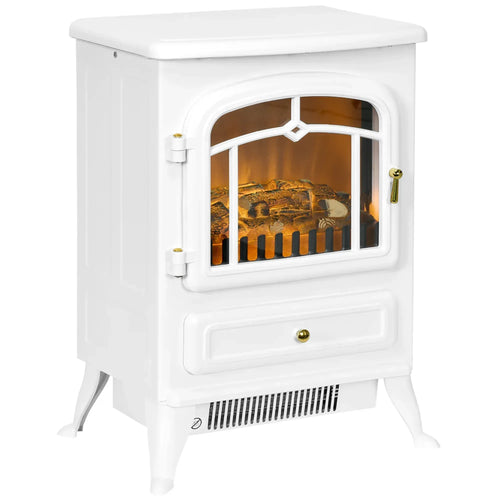 White freestanding electric fireplace stove with glass flame window and arched door