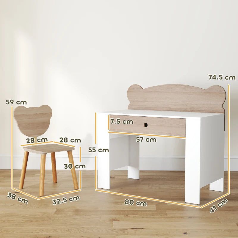 Kids desk and chair set with drawer, natural wood tabletop and white desk base