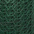 Close-up texture of dark green PVC-coated hexagonal wire mesh roll filling